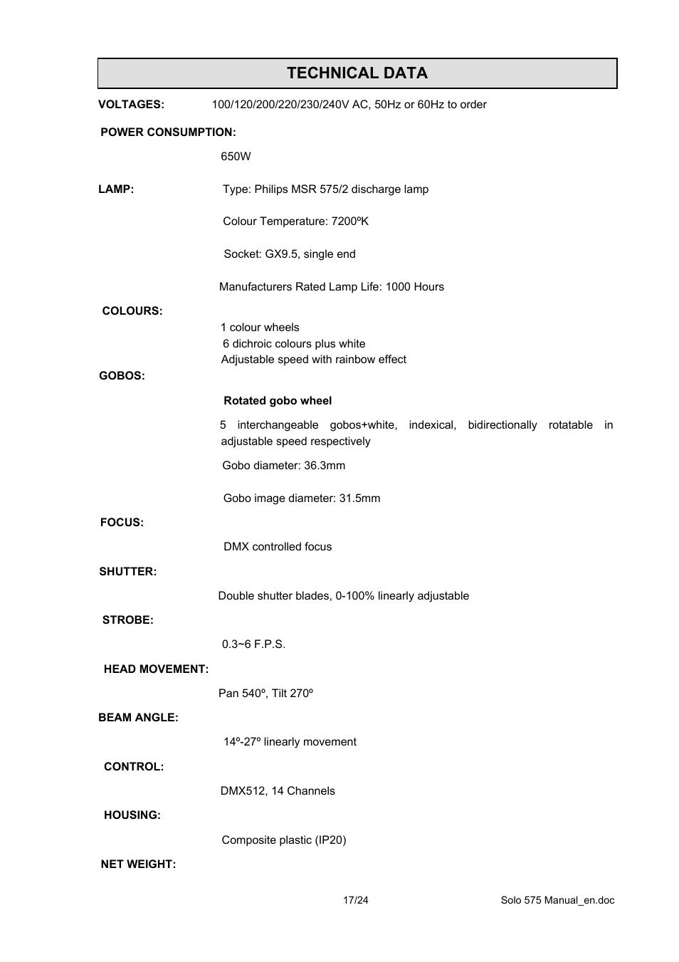 Technical data | OmniSistem PR Solo 575 User Manual | Page 17 / 24