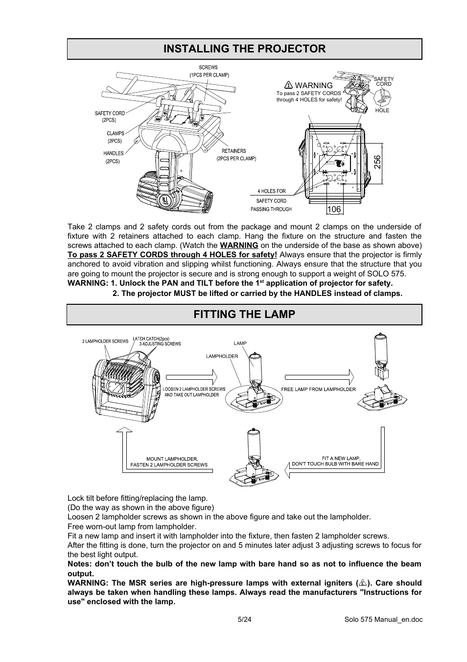 Fitting the lamp installing the projector | OmniSistem PR Solo 575 User Manual | Page 5 / 24