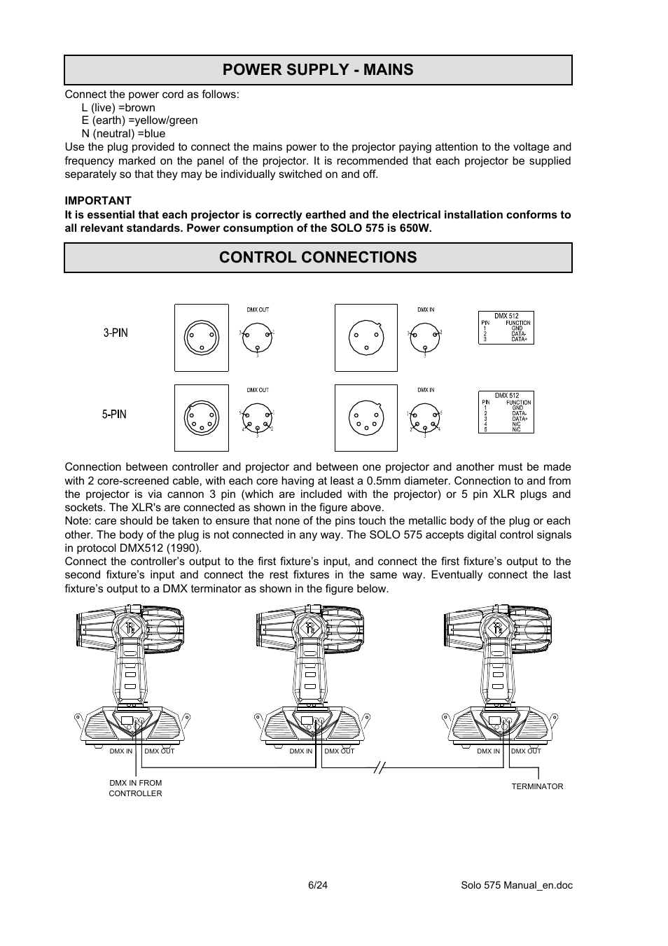 Power supply - mains control connections | OmniSistem PR Solo 575 User Manual | Page 6 / 24