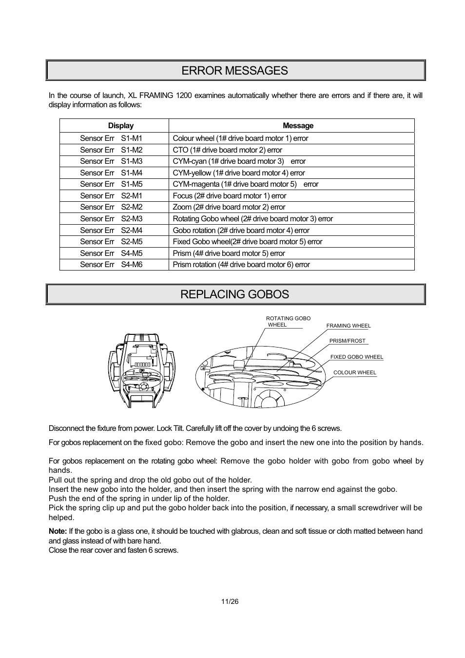 Error messages, Replacing gobos | OmniSistem PR XL 1200 Framing User Manual | Page 11 / 26