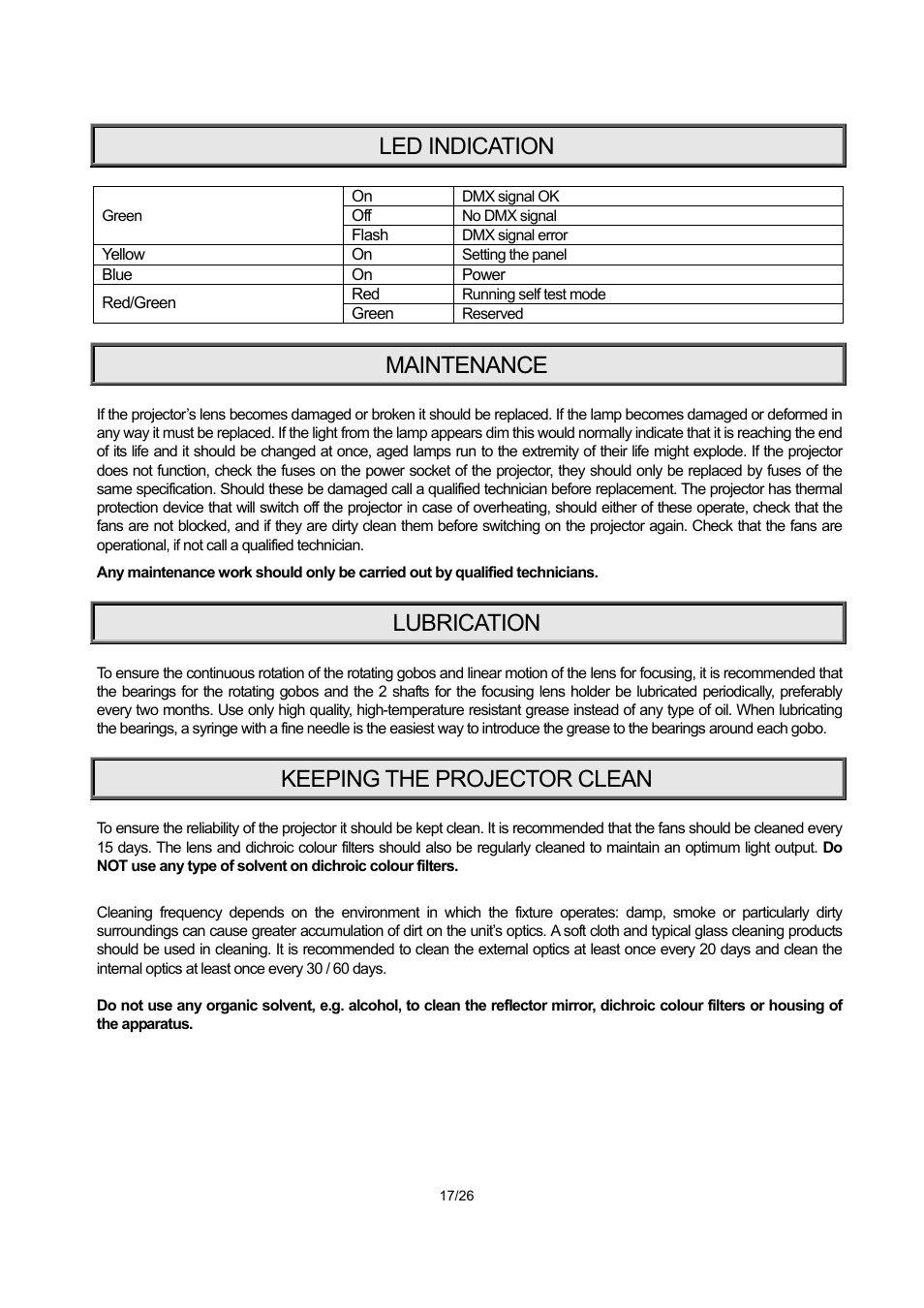 Led indication, Maintenance, Lubrication | Keeping the projector clean | OmniSistem PR XL 1200 Framing User Manual | Page 17 / 26