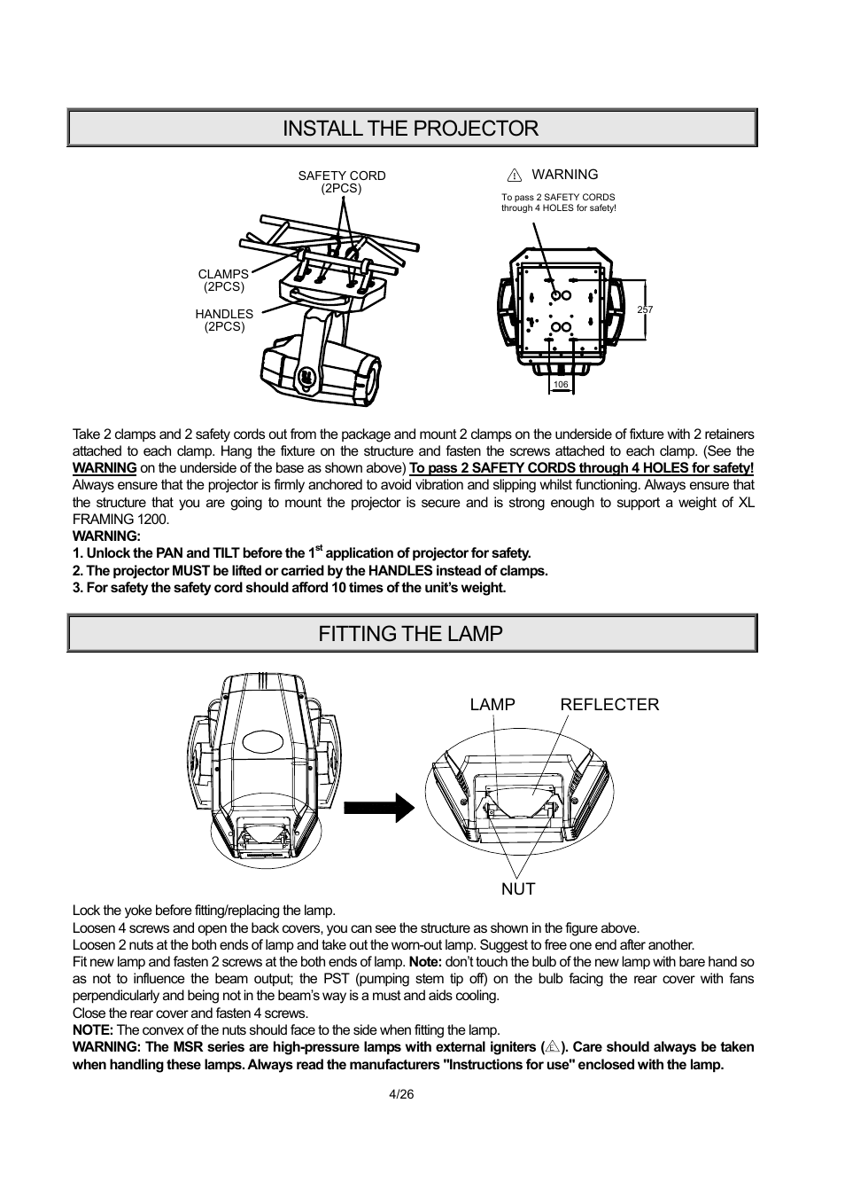 Install the projector, Fitting the lamp | OmniSistem PR XL 1200 Framing User Manual | Page 4 / 26