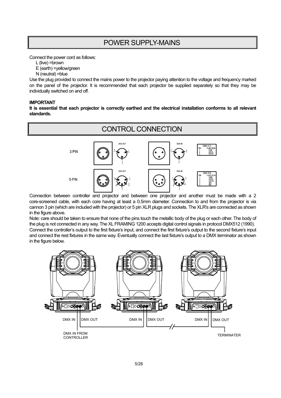 Power supply-mains, Control connection | OmniSistem PR XL 1200 Framing User Manual | Page 5 / 26