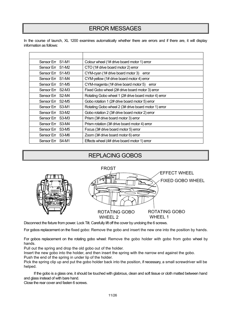 Error messages, Replacing gobos | OmniSistem PR XL 1200 User Manual | Page 11 / 26