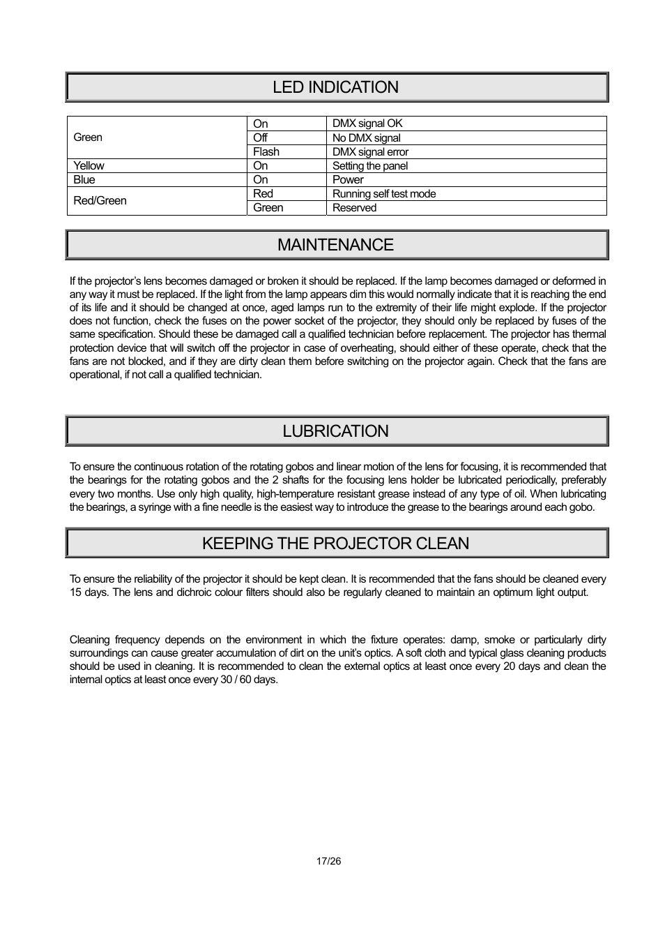 Led indication, Maintenance, Lubrication | Keeping the projector clean | OmniSistem PR XL 1200 User Manual | Page 17 / 26