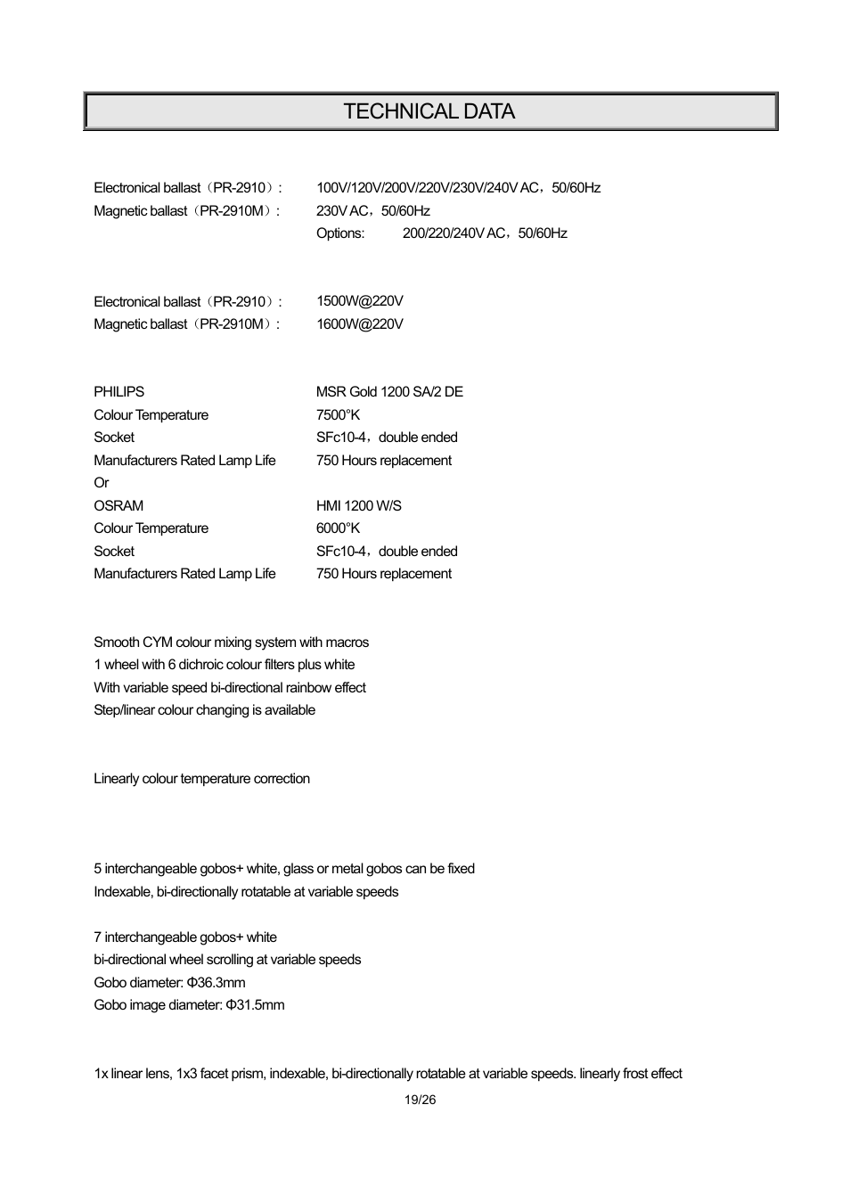 Technical data | OmniSistem PR XL 1200 User Manual | Page 19 / 26