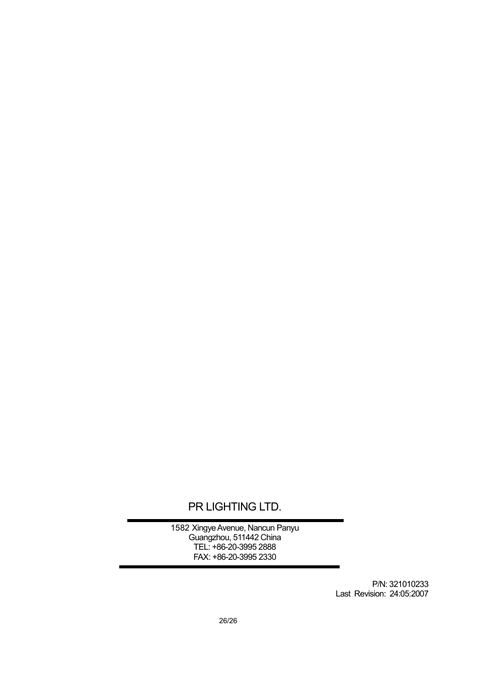 Pr lighting ltd | OmniSistem PR XL 1200 User Manual | Page 26 / 26