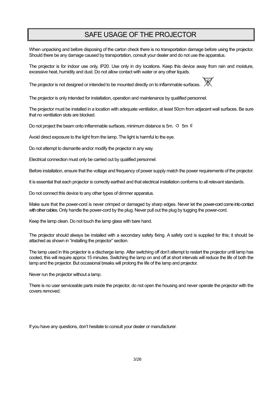 Safe usage of the projector | OmniSistem PR XL 1200 User Manual | Page 3 / 26