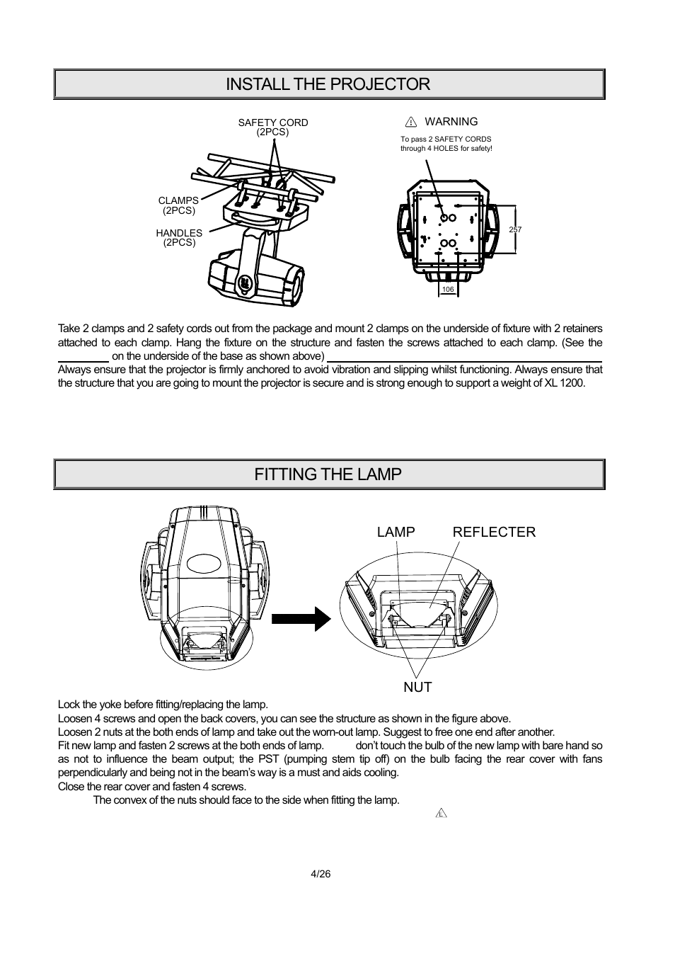 Install the projector, Fitting the lamp, Nut lamp reflecter | OmniSistem PR XL 1200 User Manual | Page 4 / 26