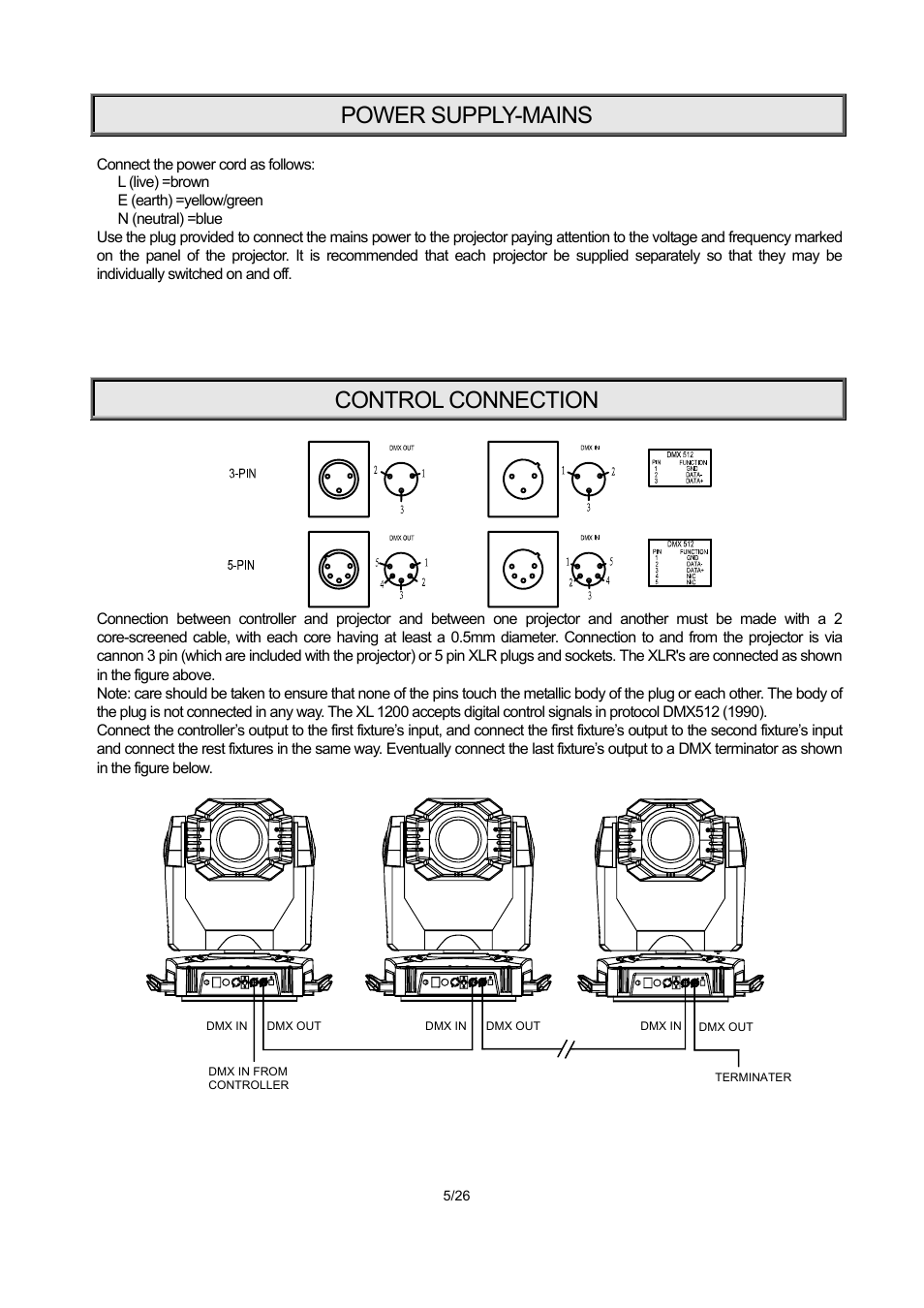 Power supply-mains, Control connection | OmniSistem PR XL 1200 User Manual | Page 5 / 26