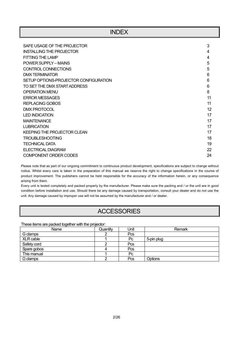 Index, Accessories | OmniSistem PR XL 1500 User Manual | Page 2 / 26