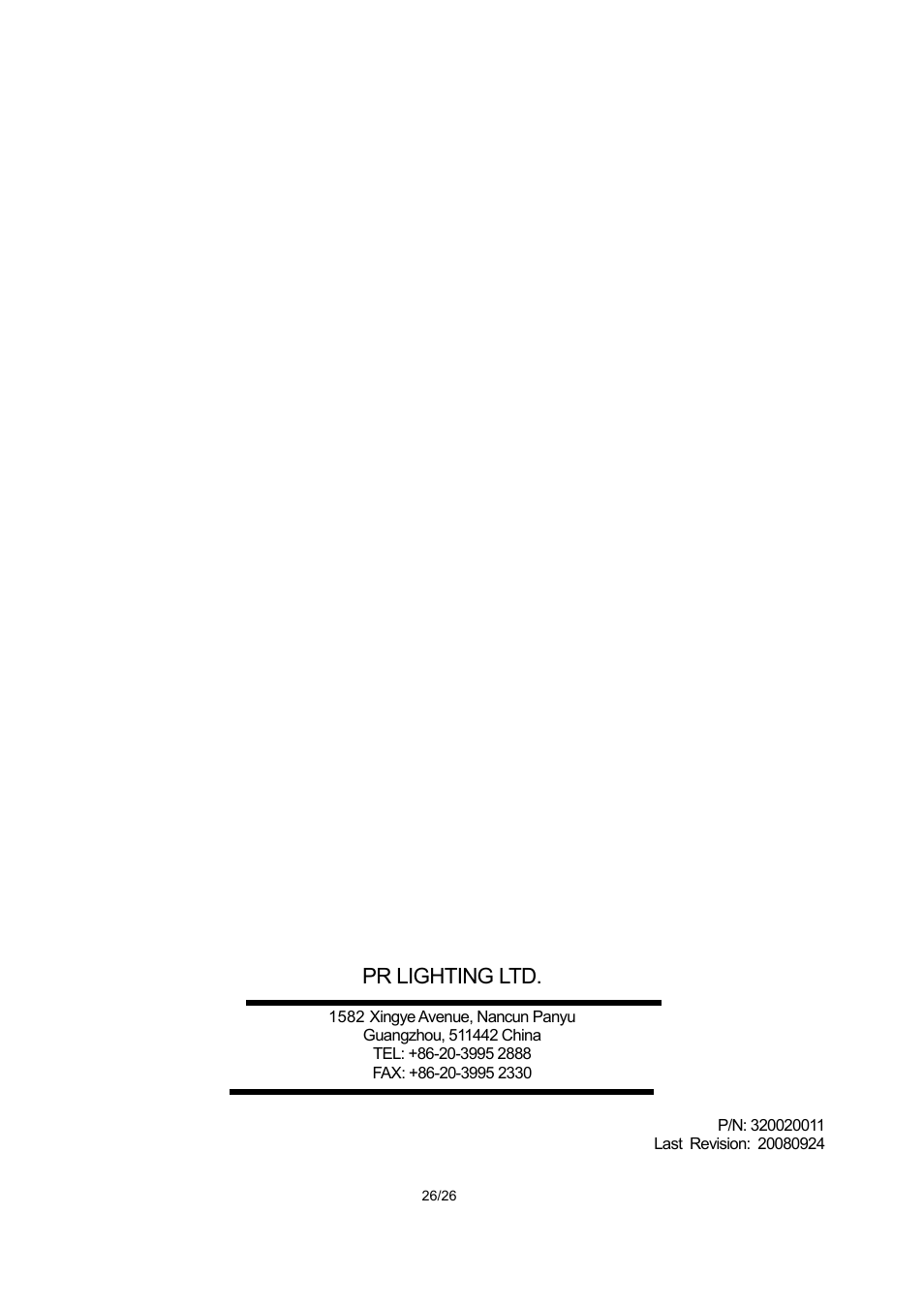 Pr lighting ltd | OmniSistem PR XL 1500 User Manual | Page 26 / 26