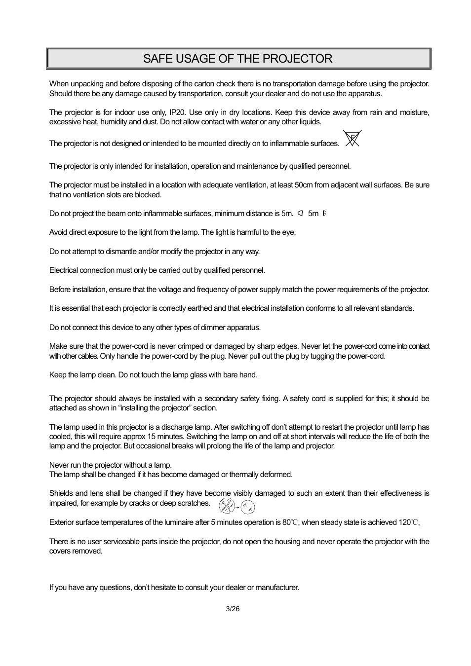 Safe usage of the projector | OmniSistem PR XL 1500 User Manual | Page 3 / 26