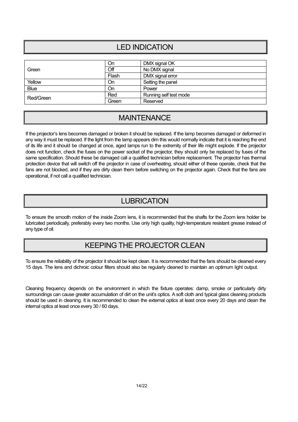 Led indication, Maintenance, Lubrication | Keeping the projector clean | OmniSistem PR XL 1500 Wash User Manual | Page 14 / 22