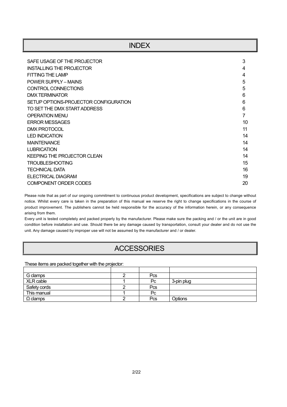 Index, Accessories | OmniSistem PR XL 1500 Wash User Manual | Page 2 / 22