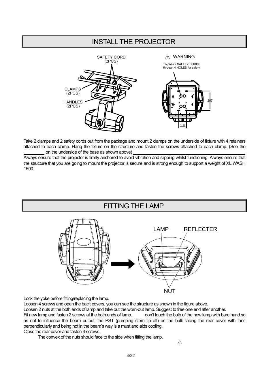 Install the projector, Fitting the lamp, Nut lamp reflecter | OmniSistem PR XL 1500 Wash User Manual | Page 4 / 22