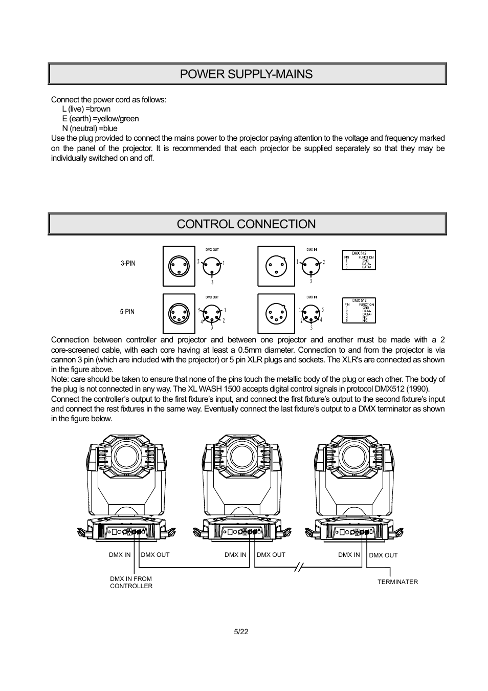 Power supply-mains, Control connection | OmniSistem PR XL 1500 Wash User Manual | Page 5 / 22