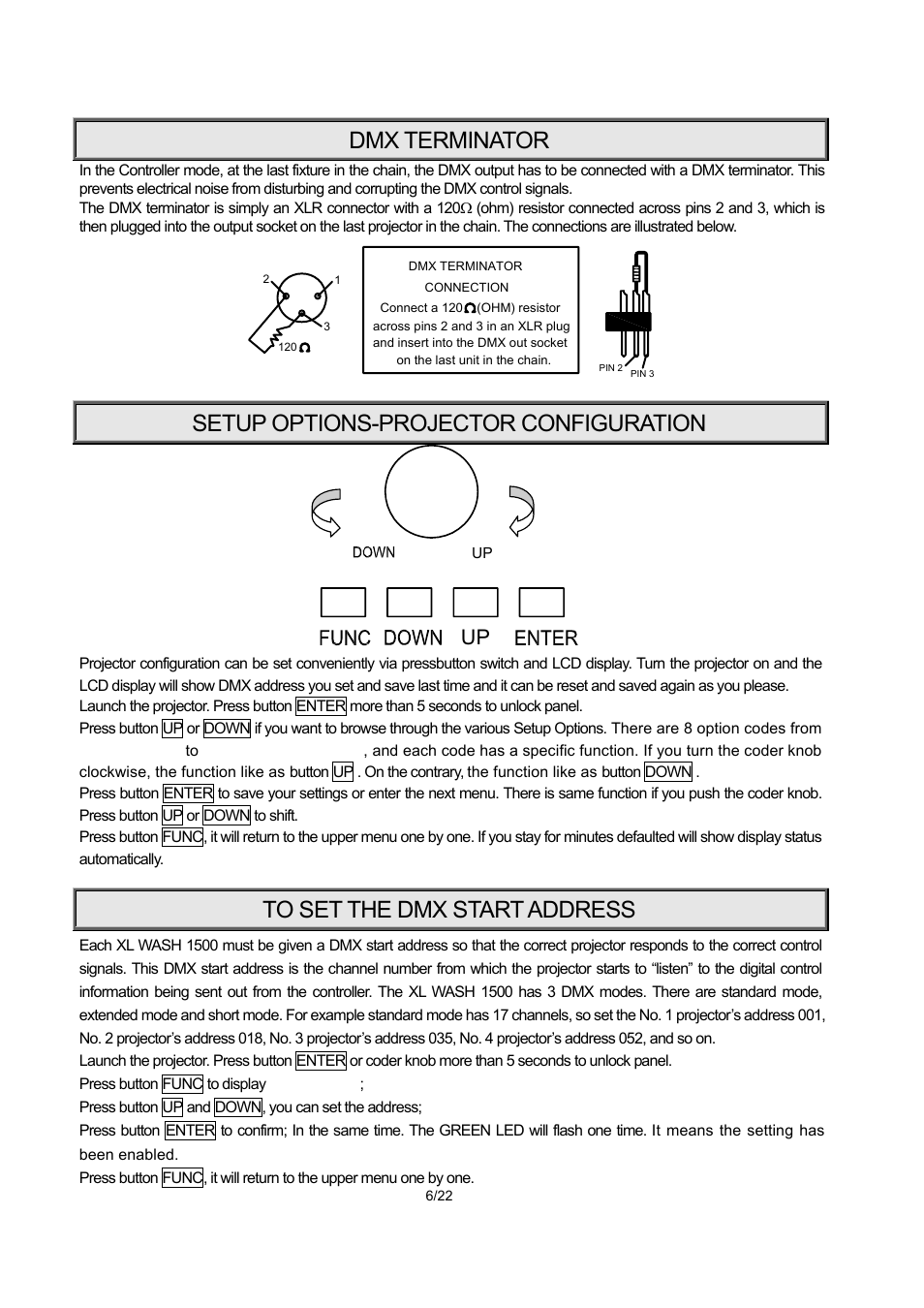 Dmx terminator, Setup options-projector configuration | OmniSistem PR XL 1500 Wash User Manual | Page 6 / 22