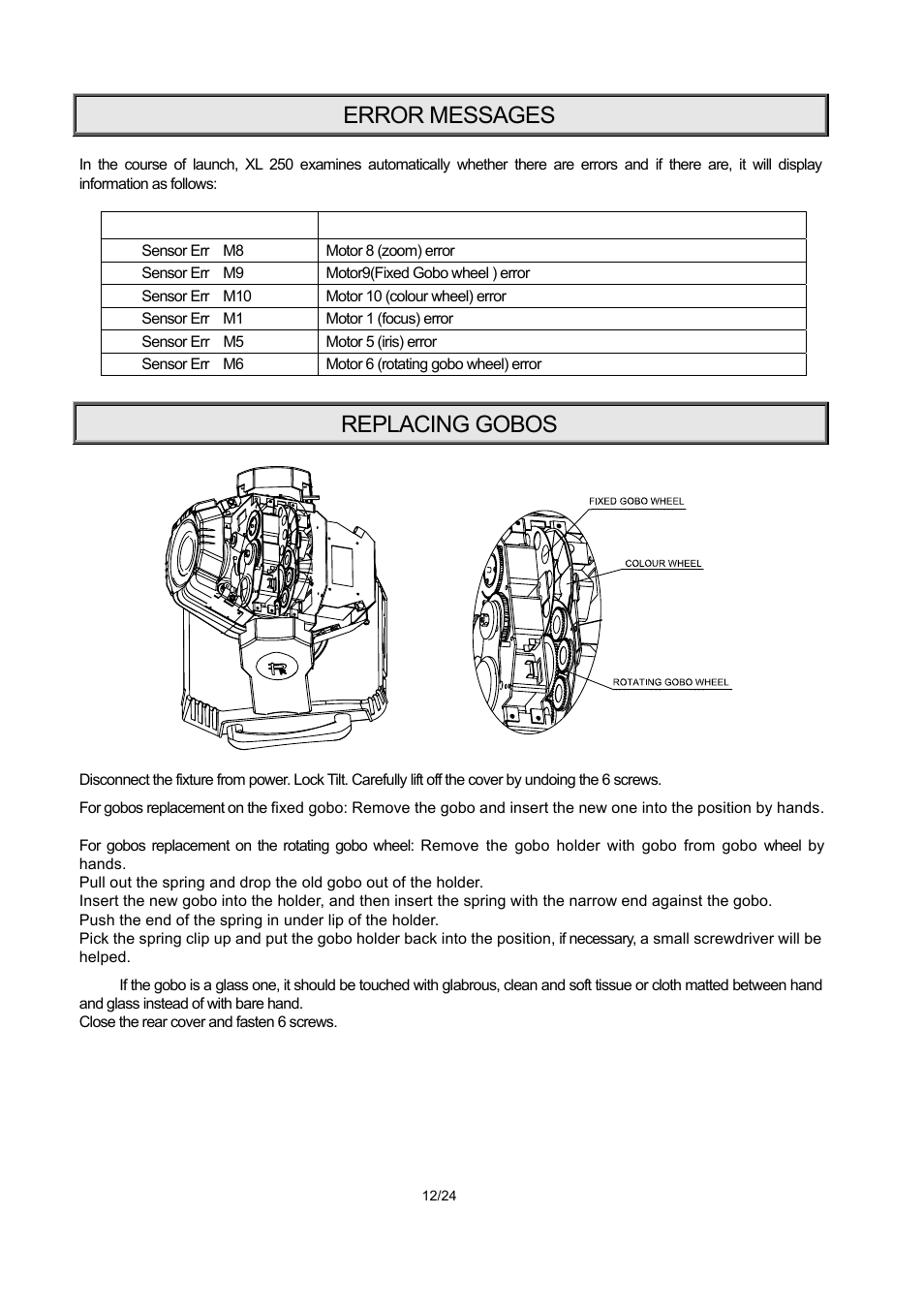 Error messages, Replacing gobos | OmniSistem PR XL 250 User Manual | Page 12 / 24