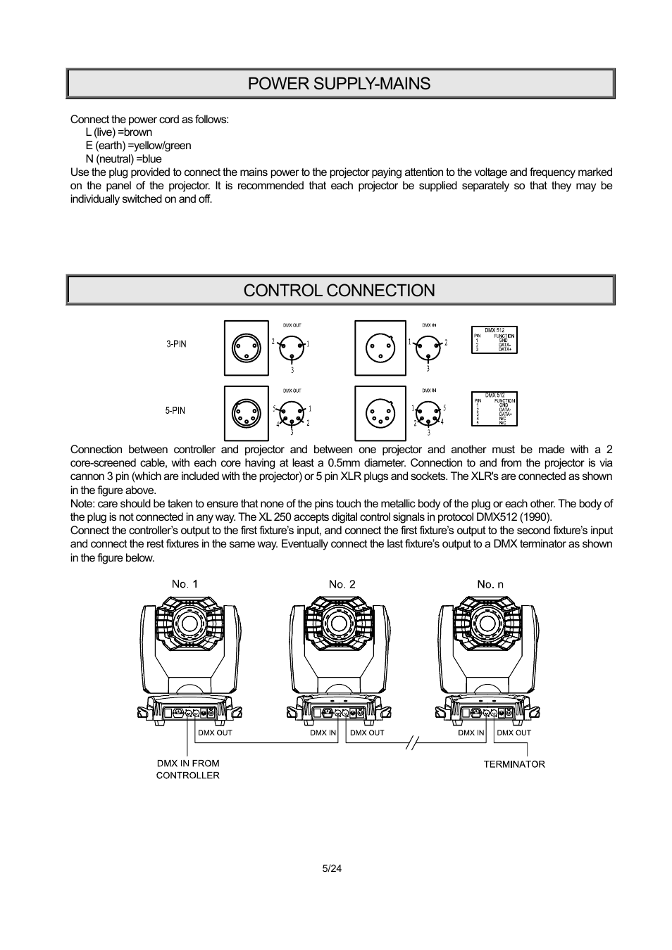 Power supply-mains, Control connection | OmniSistem PR XL 250 User Manual | Page 5 / 24