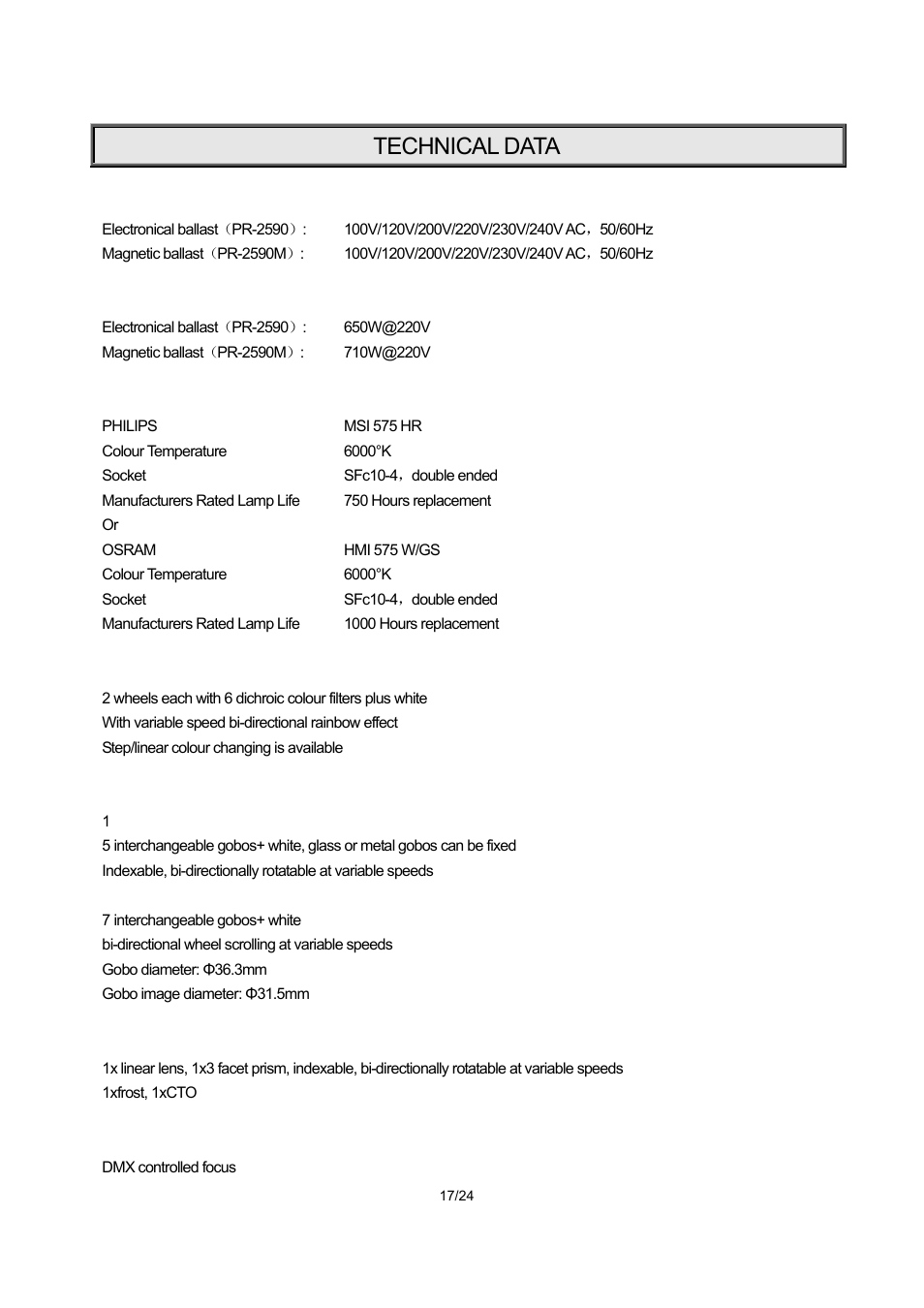 Technical data | OmniSistem PR XL 575 User Manual | Page 17 / 24