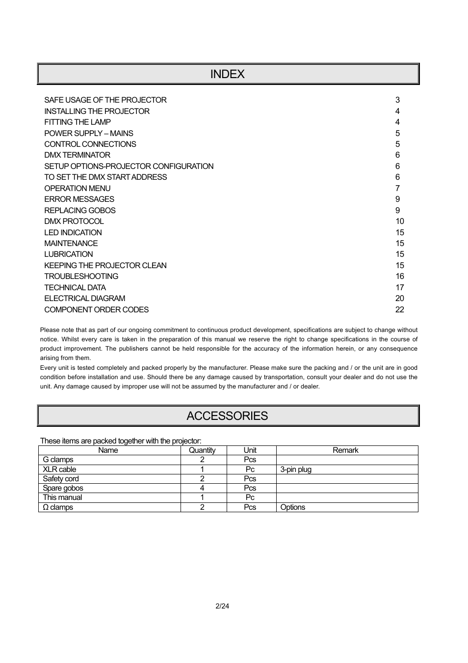 Index, Accessories | OmniSistem PR XL 575 User Manual | Page 2 / 24