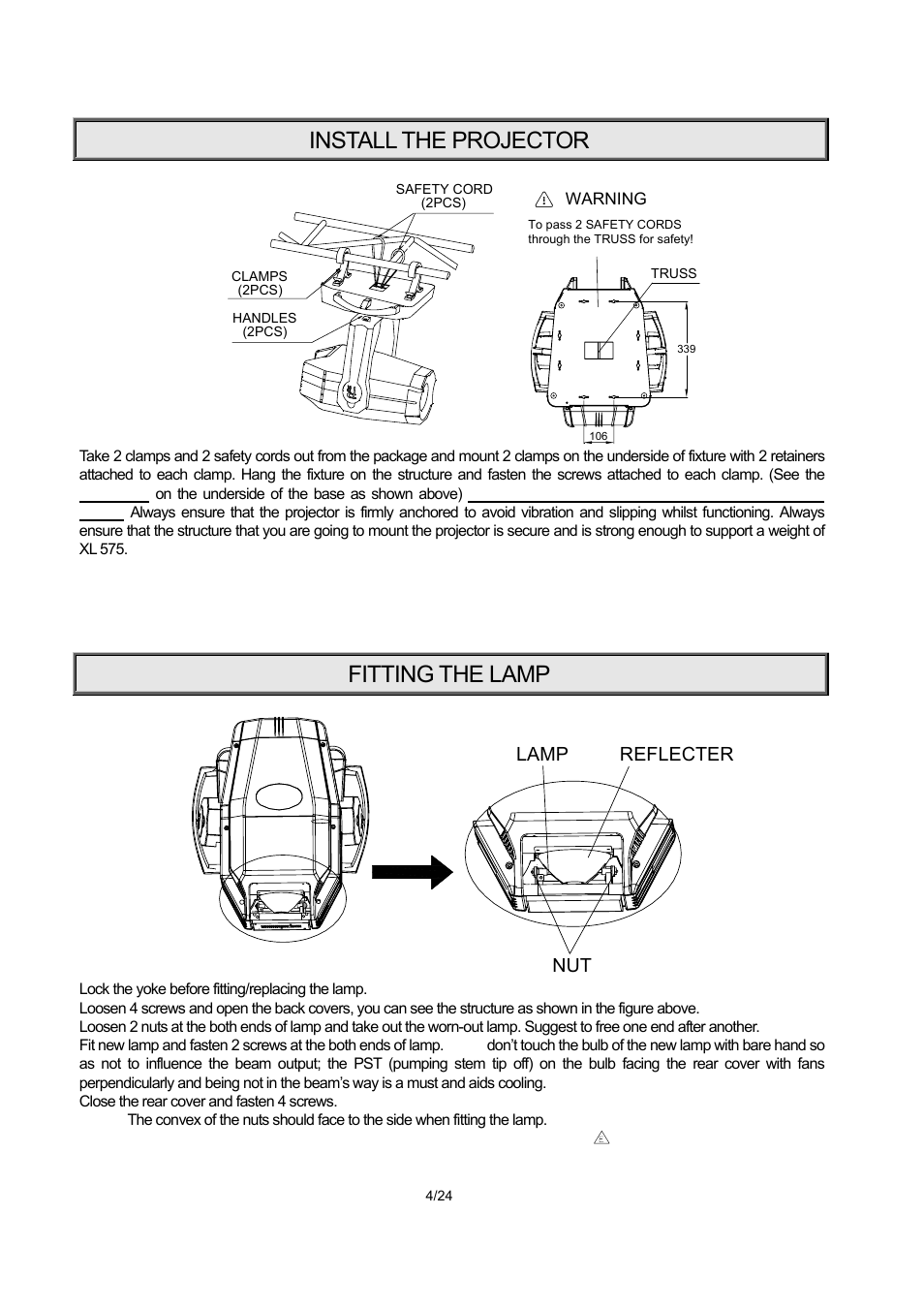 Install the projector, Fitting the lamp | OmniSistem PR XL 575 User Manual | Page 4 / 24