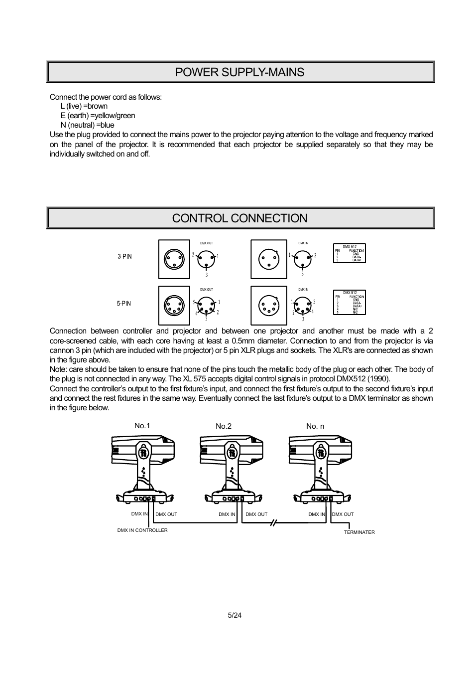 Power supply-mains, Control connection | OmniSistem PR XL 575 User Manual | Page 5 / 24