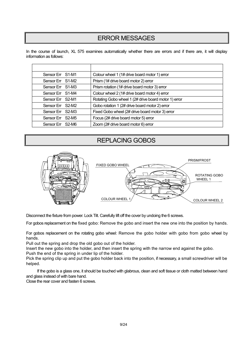 Error messages, Replacing gobos | OmniSistem PR XL 575 User Manual | Page 9 / 24