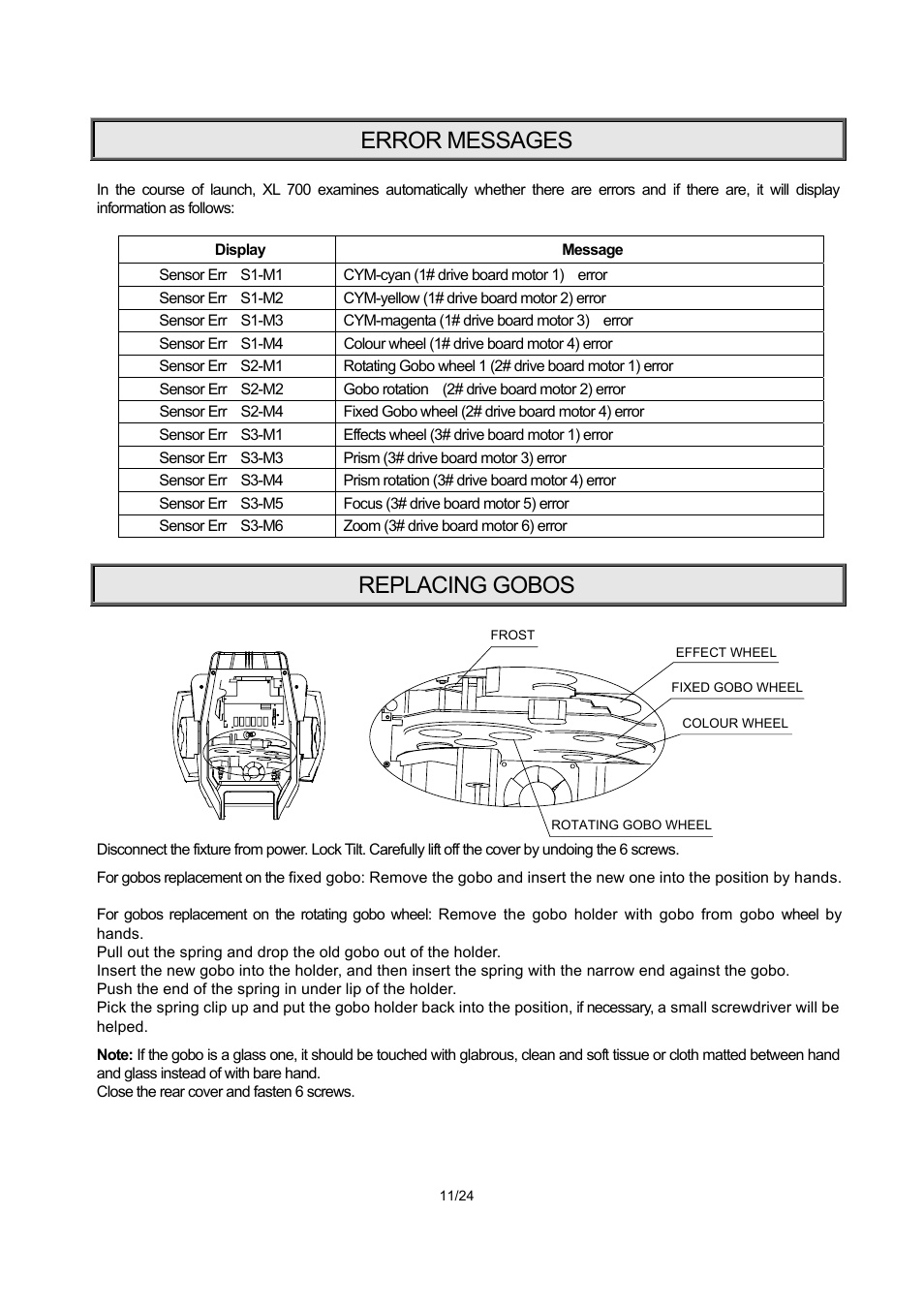 Error messages, Replacing gobos | OmniSistem PR XL 700 User Manual | Page 11 / 24