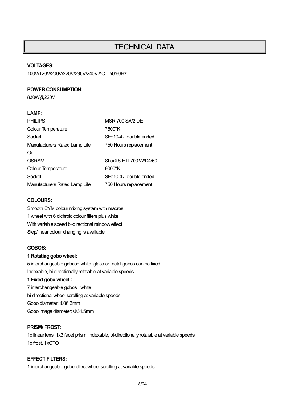 Technical data | OmniSistem PR XL 700 User Manual | Page 18 / 24