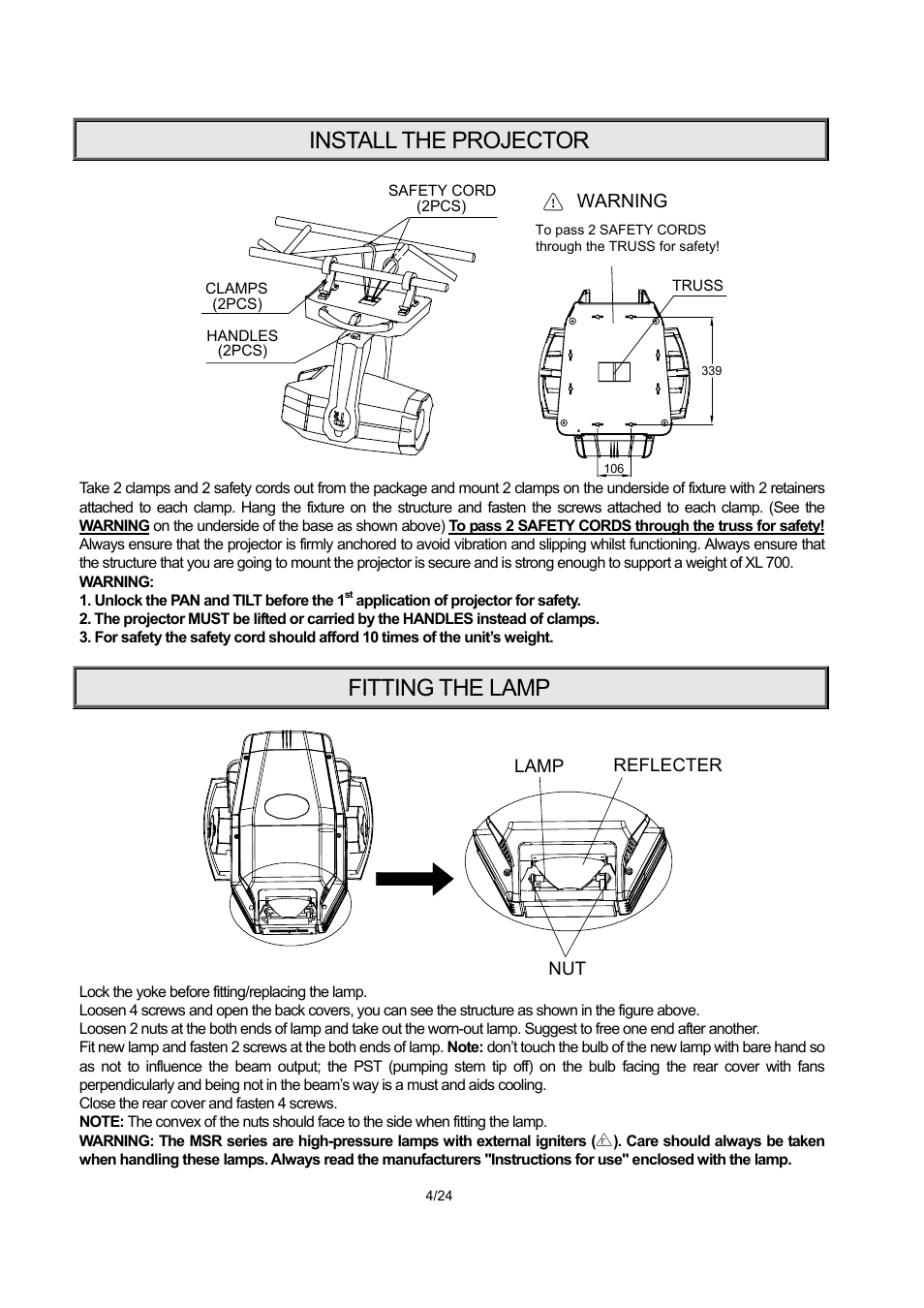 Install the projector, Fitting the lamp | OmniSistem PR XL 700 User Manual | Page 4 / 24