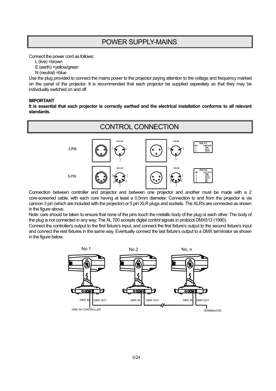 Power supply-mains, Control connection | OmniSistem PR XL 700 User Manual | Page 5 / 24