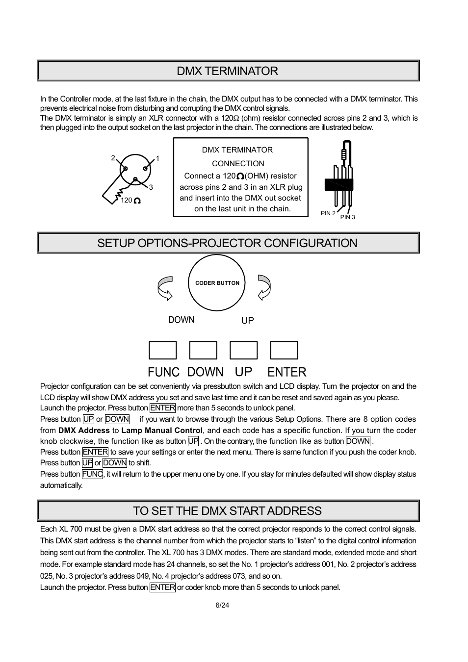 Dmx terminator, Setup options-projector configuration | OmniSistem PR XL 700 User Manual | Page 6 / 24