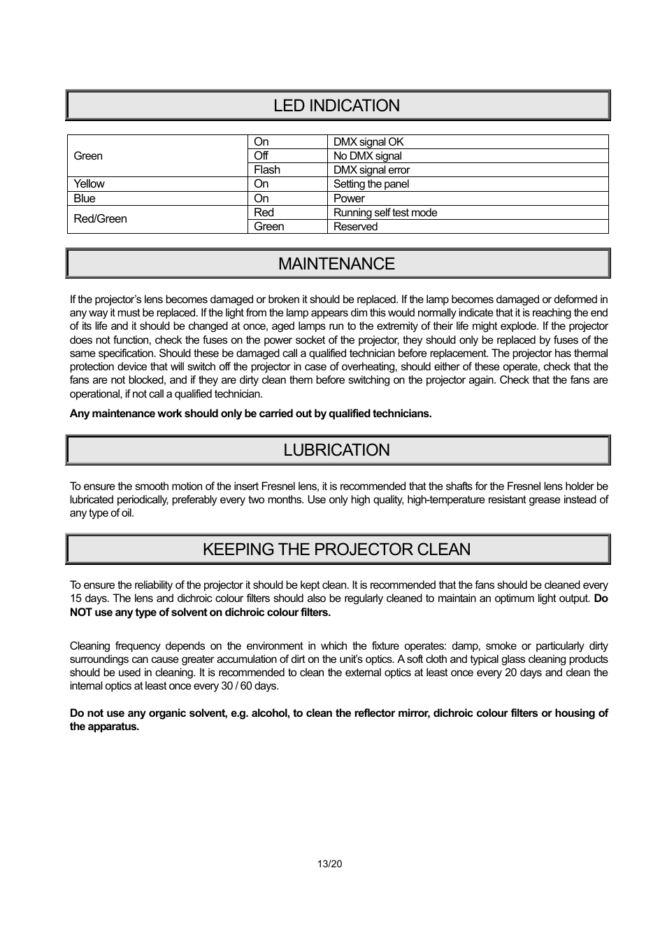 Led indication, Maintenance, Lubrication | Keeping the projector clean | OmniSistem PR XL 700 Wash User Manual | Page 13 / 20