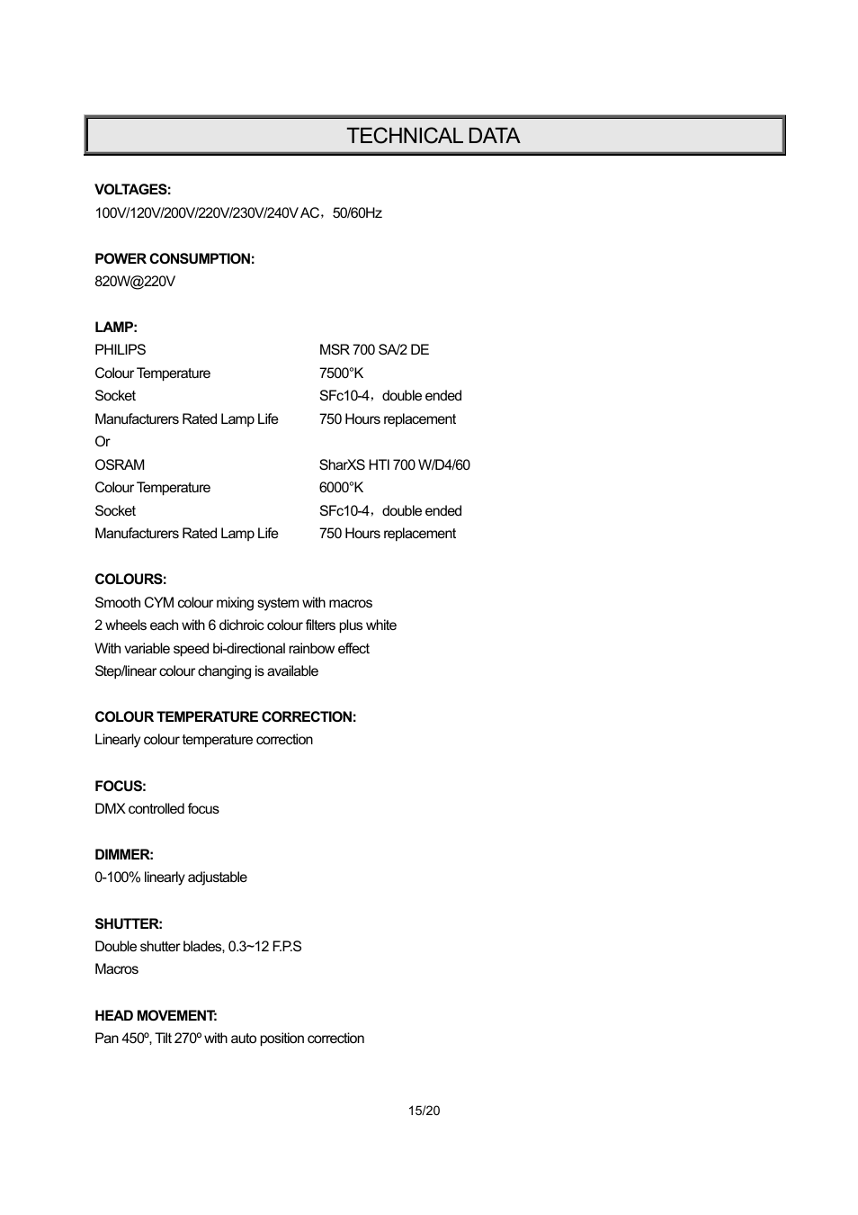 Technical data | OmniSistem PR XL 700 Wash User Manual | Page 15 / 20