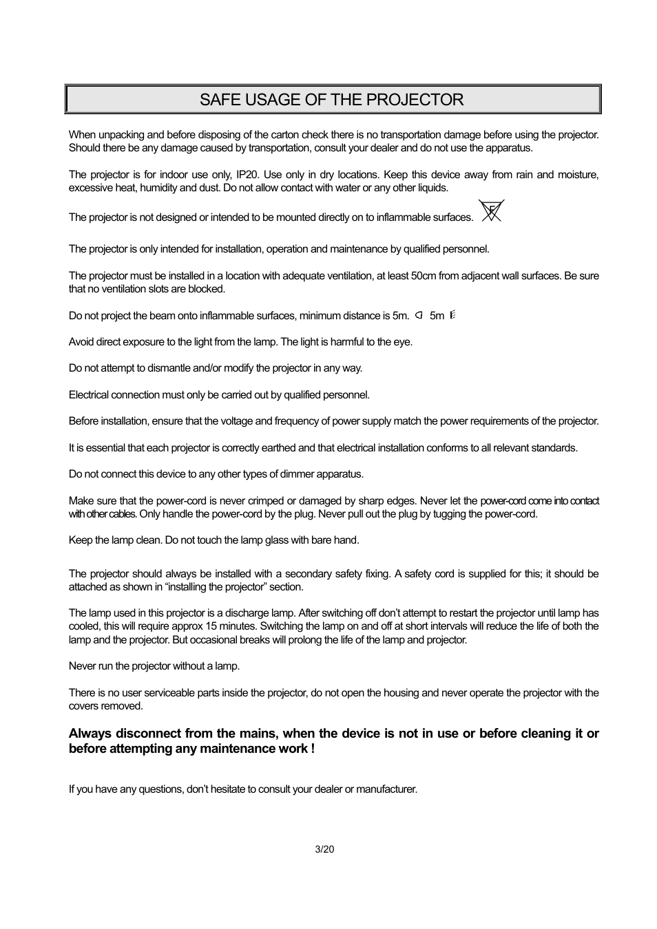 Safe usage of the projector | OmniSistem PR XL 700 Wash User Manual | Page 3 / 20