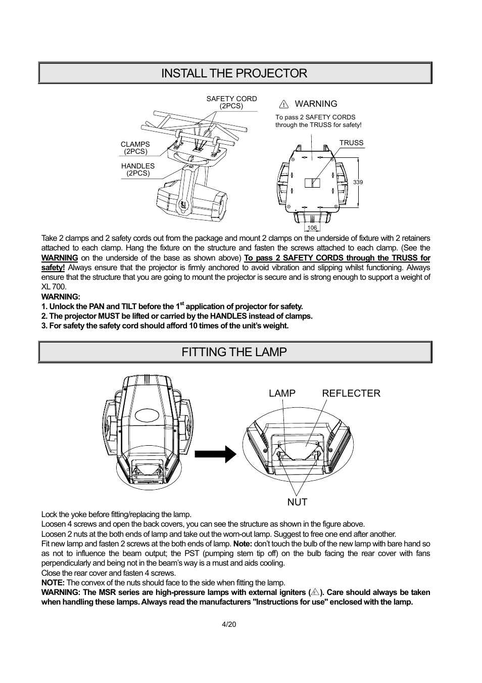 Install the projector, Fitting the lamp, Nut lamp reflecter | OmniSistem PR XL 700 Wash User Manual | Page 4 / 20