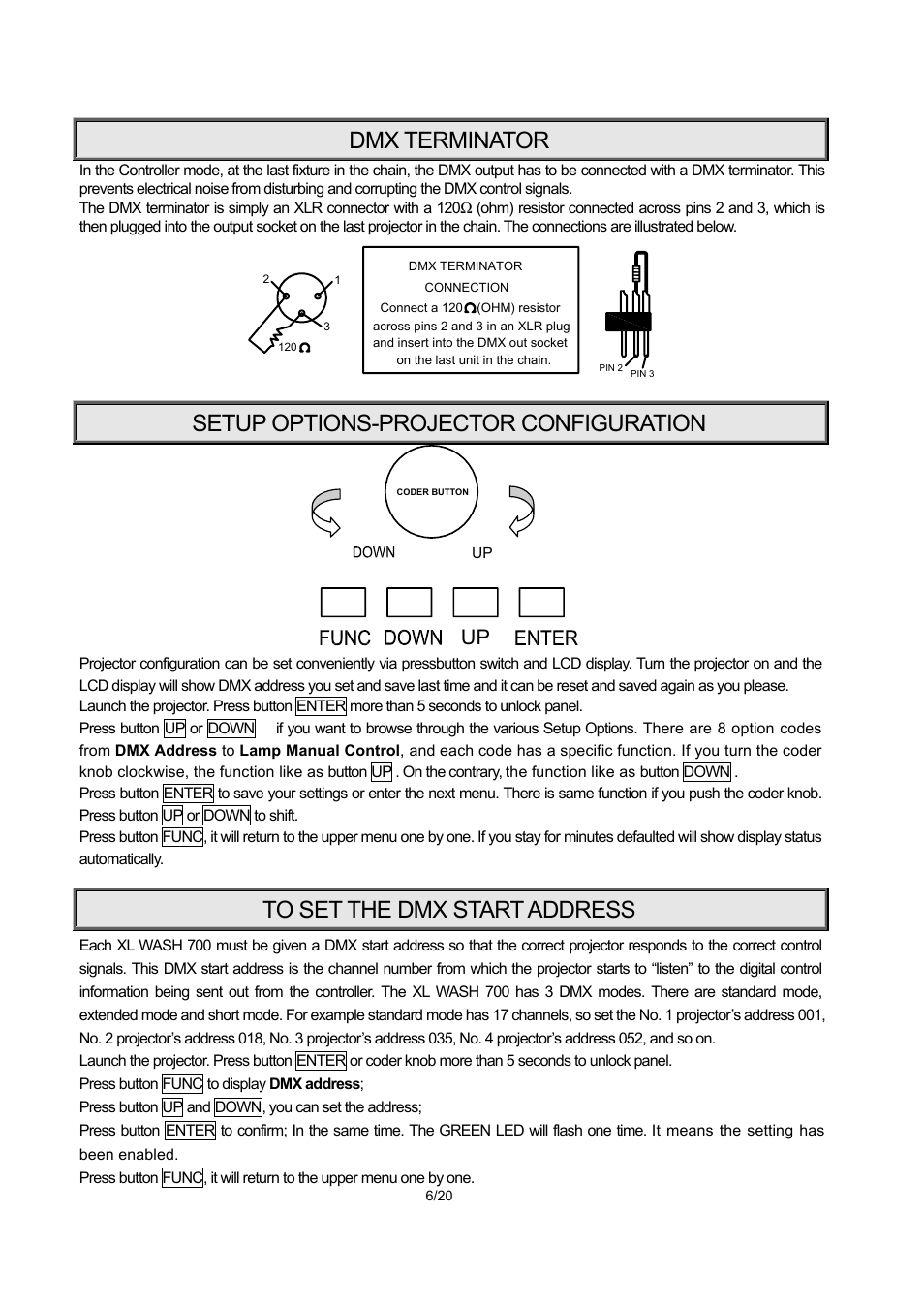 Dmx terminator, Setup options-projector configuration | OmniSistem PR XL 700 Wash User Manual | Page 6 / 20