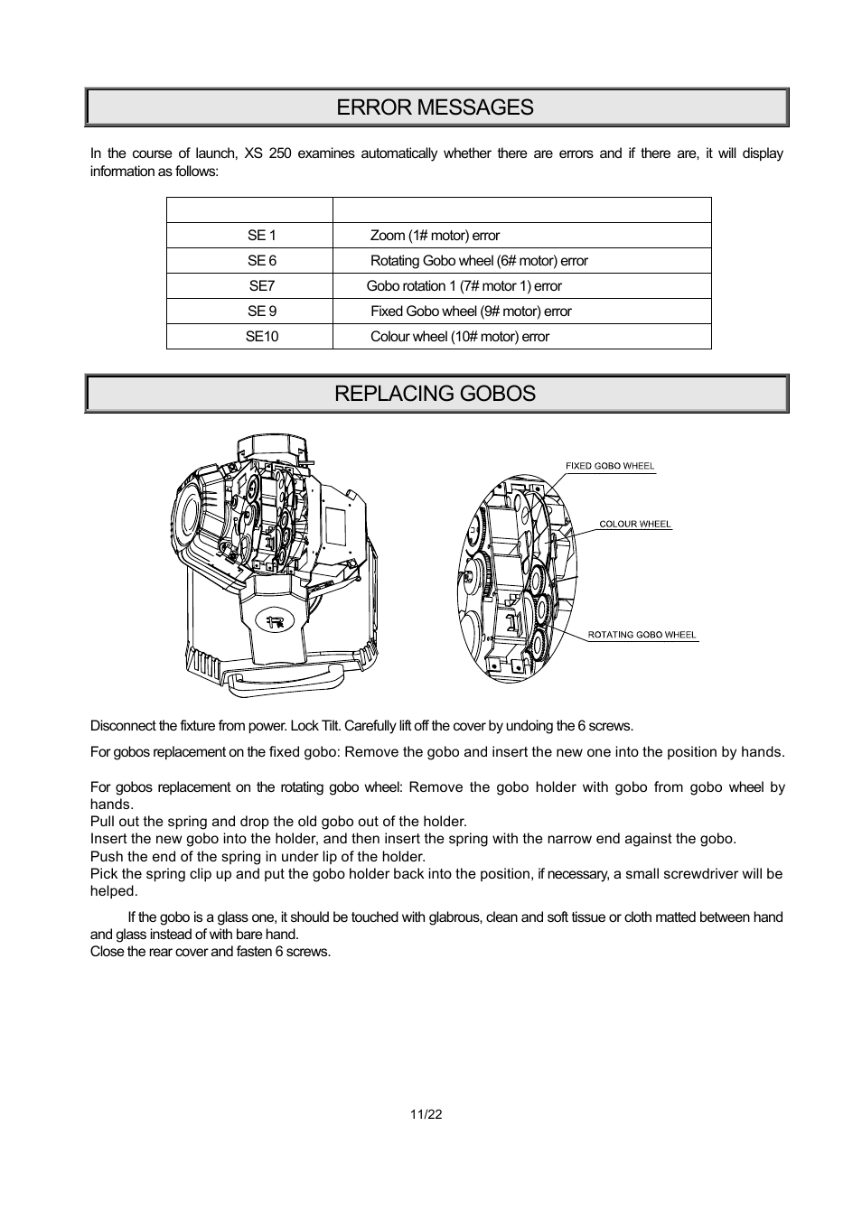 Error messages, Replacing gobos | OmniSistem PR XS 250 User Manual | Page 11 / 22