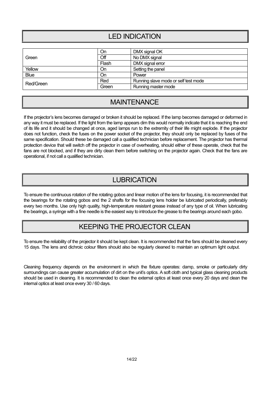 Led indication, Maintenance, Lubrication | Keeping the projector clean | OmniSistem PR XS 250 User Manual | Page 14 / 22