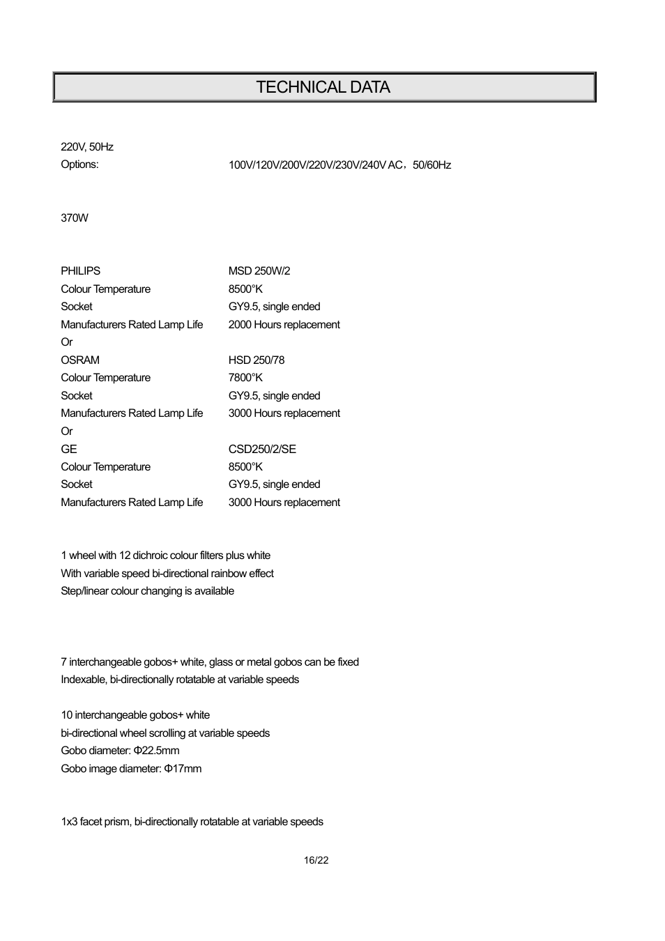 Technical data | OmniSistem PR XS 250 User Manual | Page 16 / 22