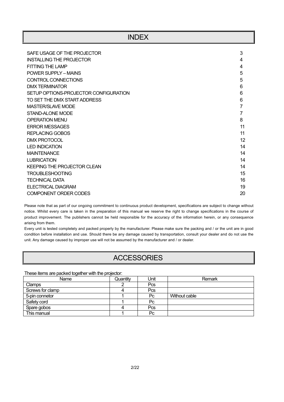 Index, Accessories | OmniSistem PR XS 250 User Manual | Page 2 / 22