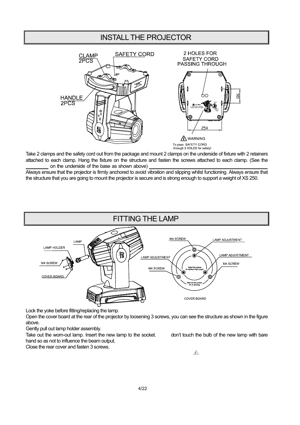 Install the projector, Fitting the lamp | OmniSistem PR XS 250 User Manual | Page 4 / 22