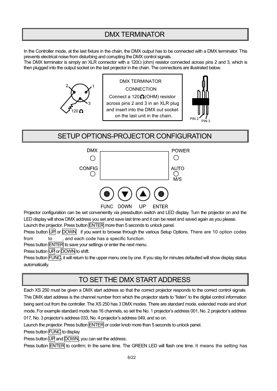 Dmx terminator, Setup options-projector configuration | OmniSistem PR XS 250 User Manual | Page 6 / 22