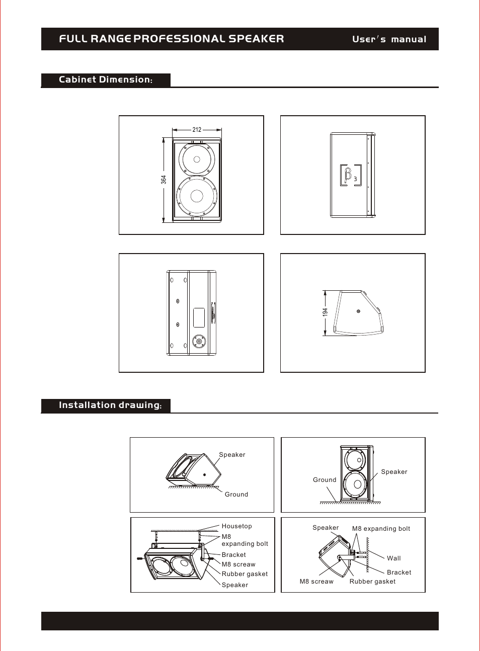 Т³гж 3, Full range professional speaker, Installation drawing | User s m anual cabinet dimension | OmniSistem Beta 3 – ES206-50 User Manual | Page 3 / 4