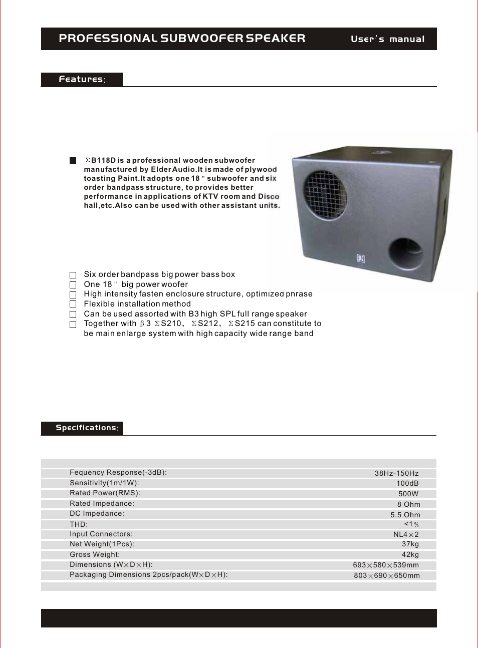 Т³гж 2, Professional subwoofer speaker, Features | User s m anual | OmniSistem Beta 3 – EB118d User Manual | Page 2 / 4