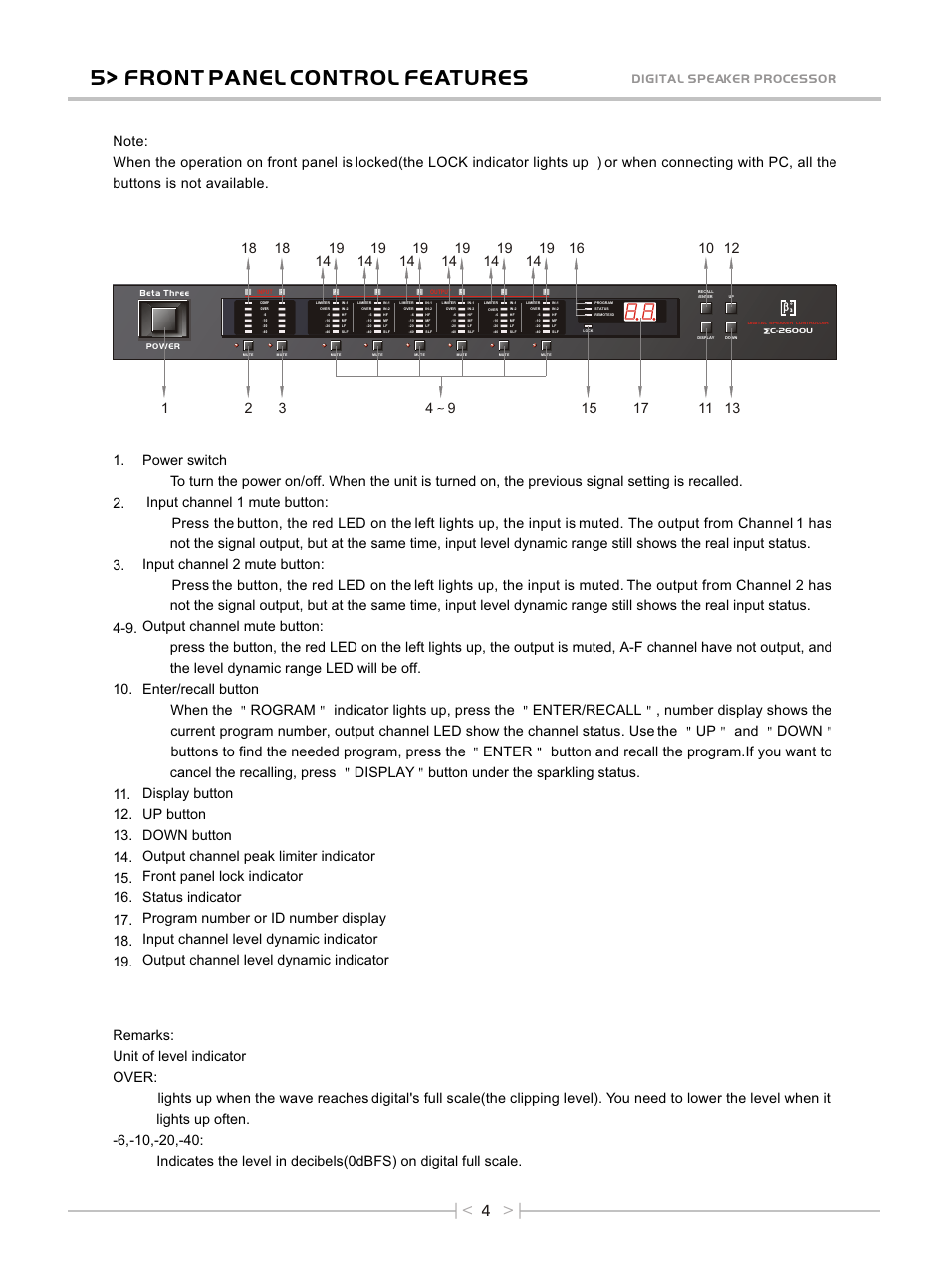 Т³гж 6, 5> front panel control features, Digital speaker processor | OmniSistem Beta 3 – EC-2600U User Manual | Page 6 / 27