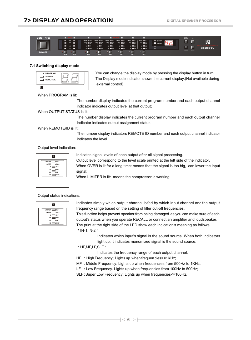 Т³гж 8, 7> display and operatioin, Digital speaker processor | OmniSistem Beta 3 – EC-2600U User Manual | Page 8 / 27