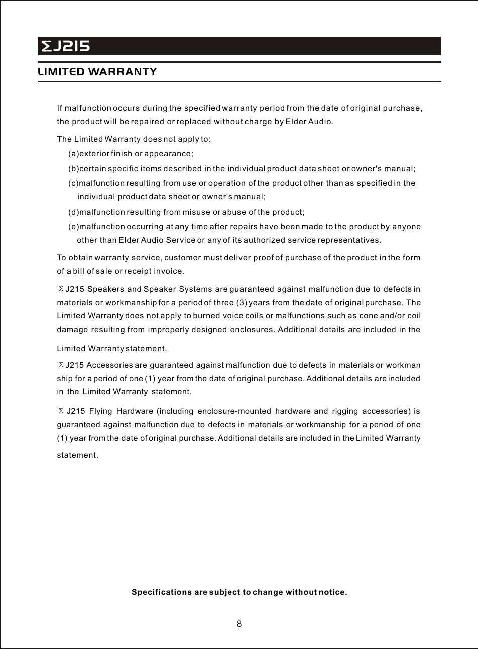 Т³гж 10, J215, Limited warranty | OmniSistem Beta 3 – EJ215 User Manual | Page 10 / 11